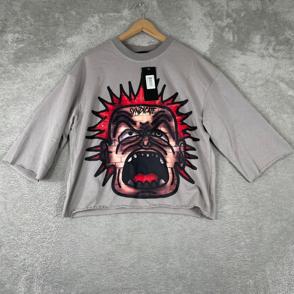 Syndicate Angry Man Shirt Mens Small Gray Oversized Punk Streetwear Boxy Y2K